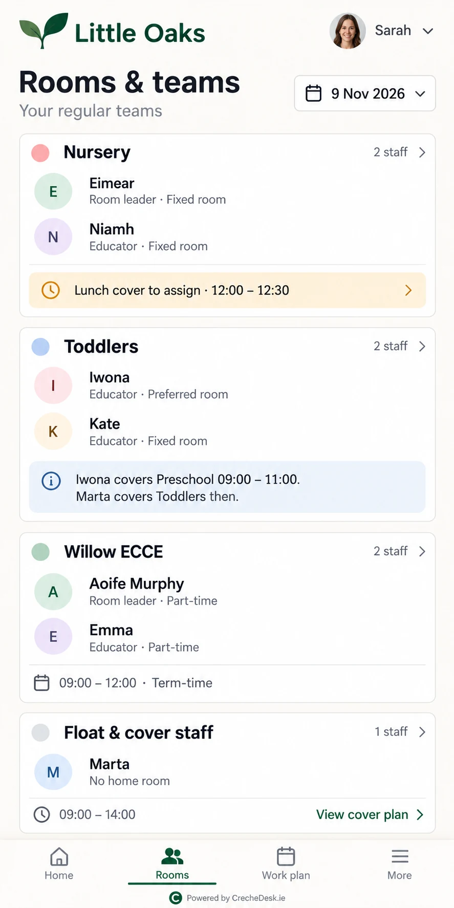 Mobile room teams view showing fixed and preferred assignments and a separate float cover team